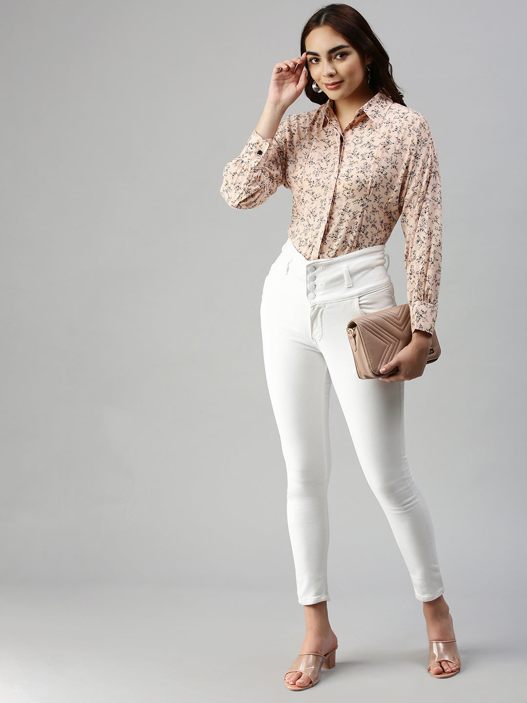 Women Slim Fit Peach Floral Shirt