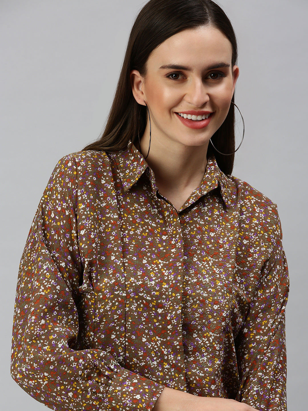 Women Slim Fit Brown Floral Shirt