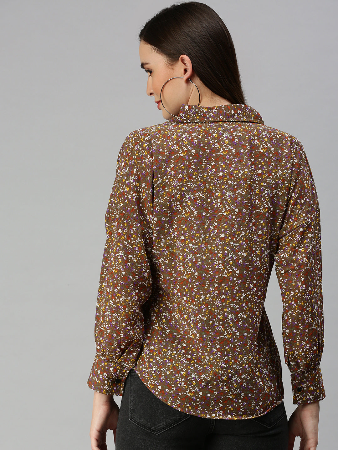 Women Slim Fit Brown Floral Shirt