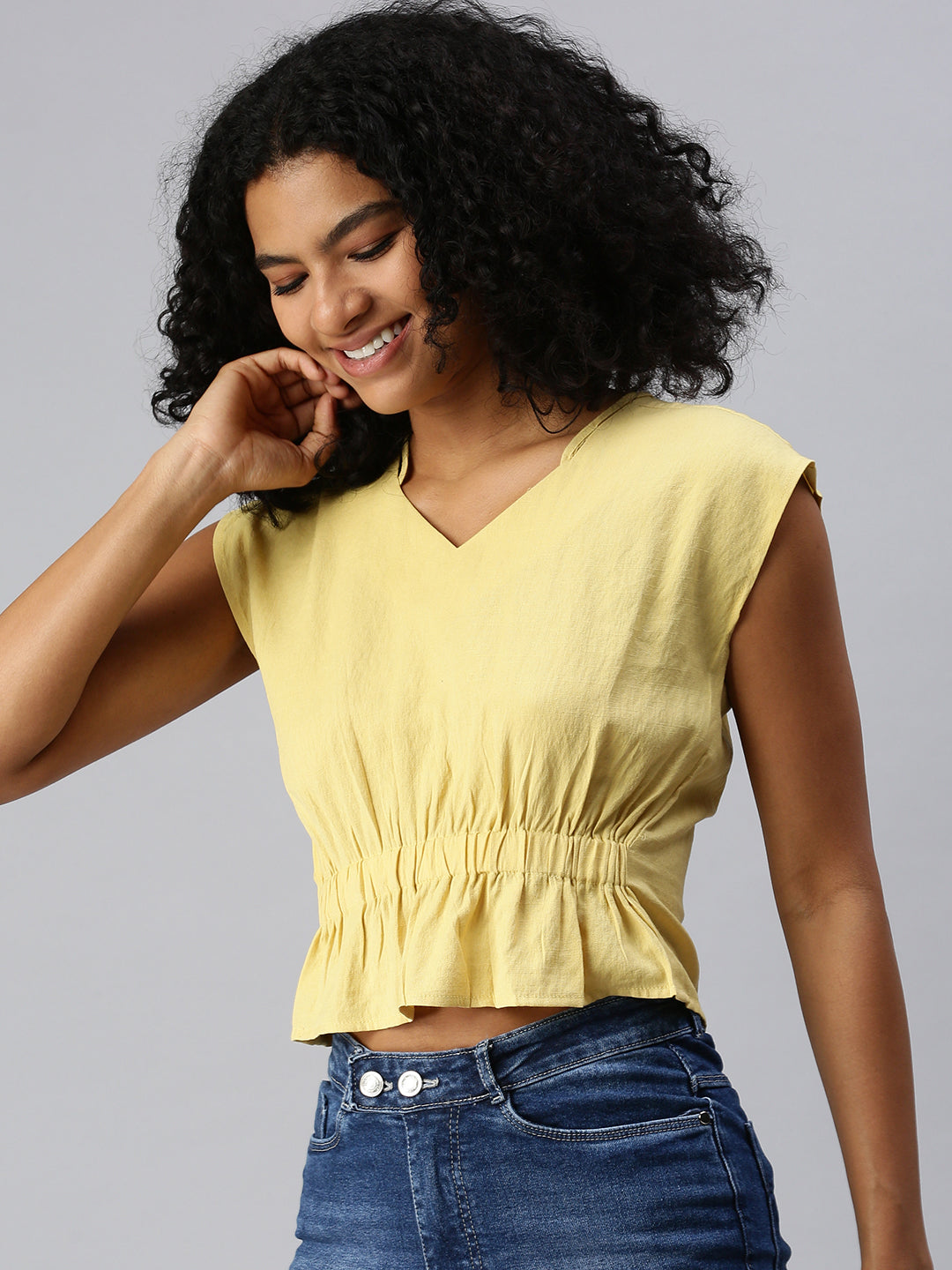 Women V-Neck Solid Yellow Cinched Waist Top