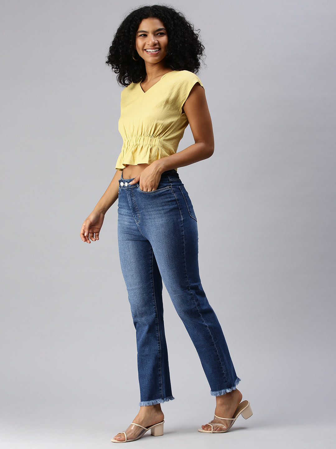 Women V-Neck Solid Yellow Cinched Waist Top