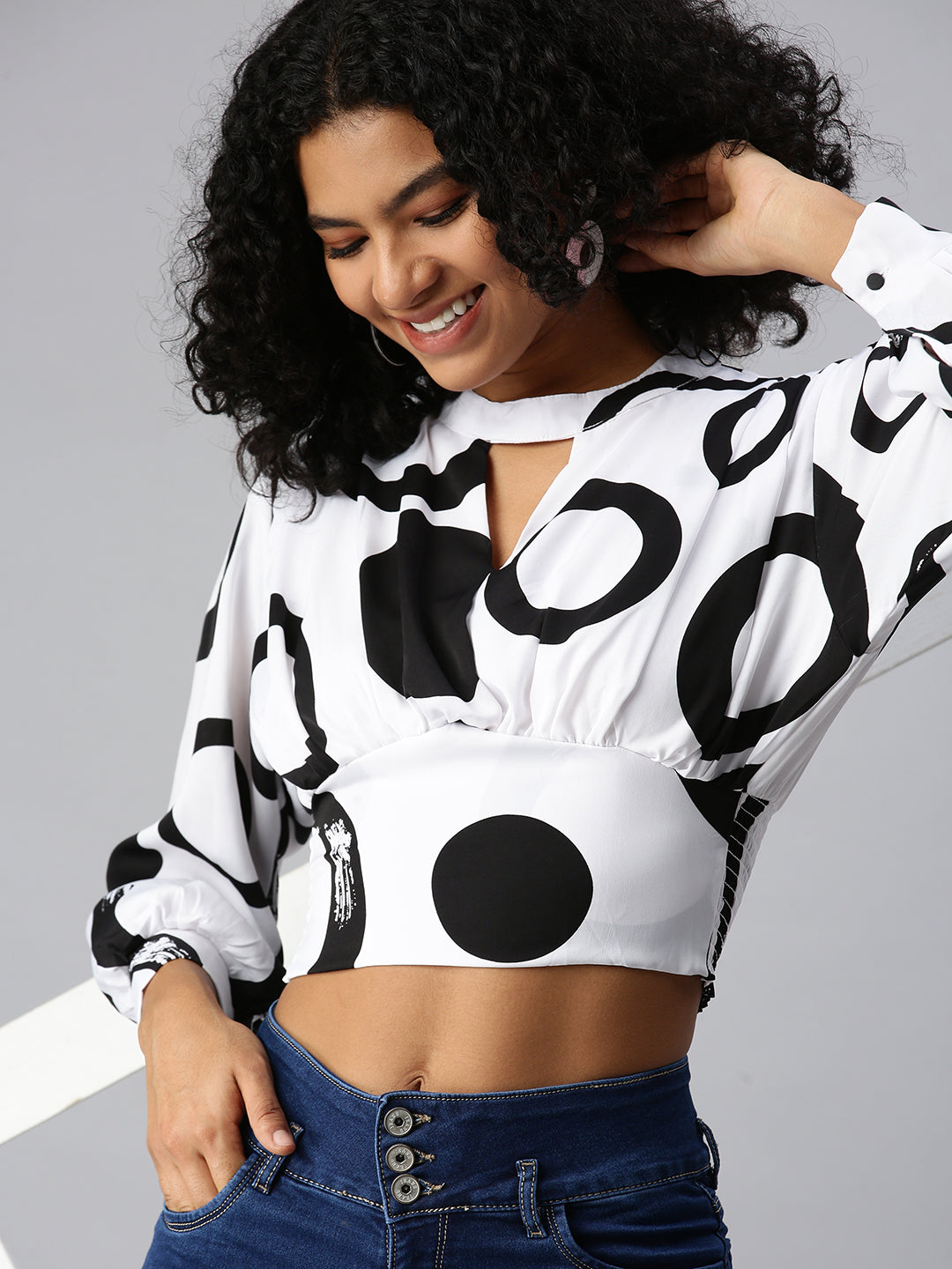 Women Printed White Cinched Waist Top