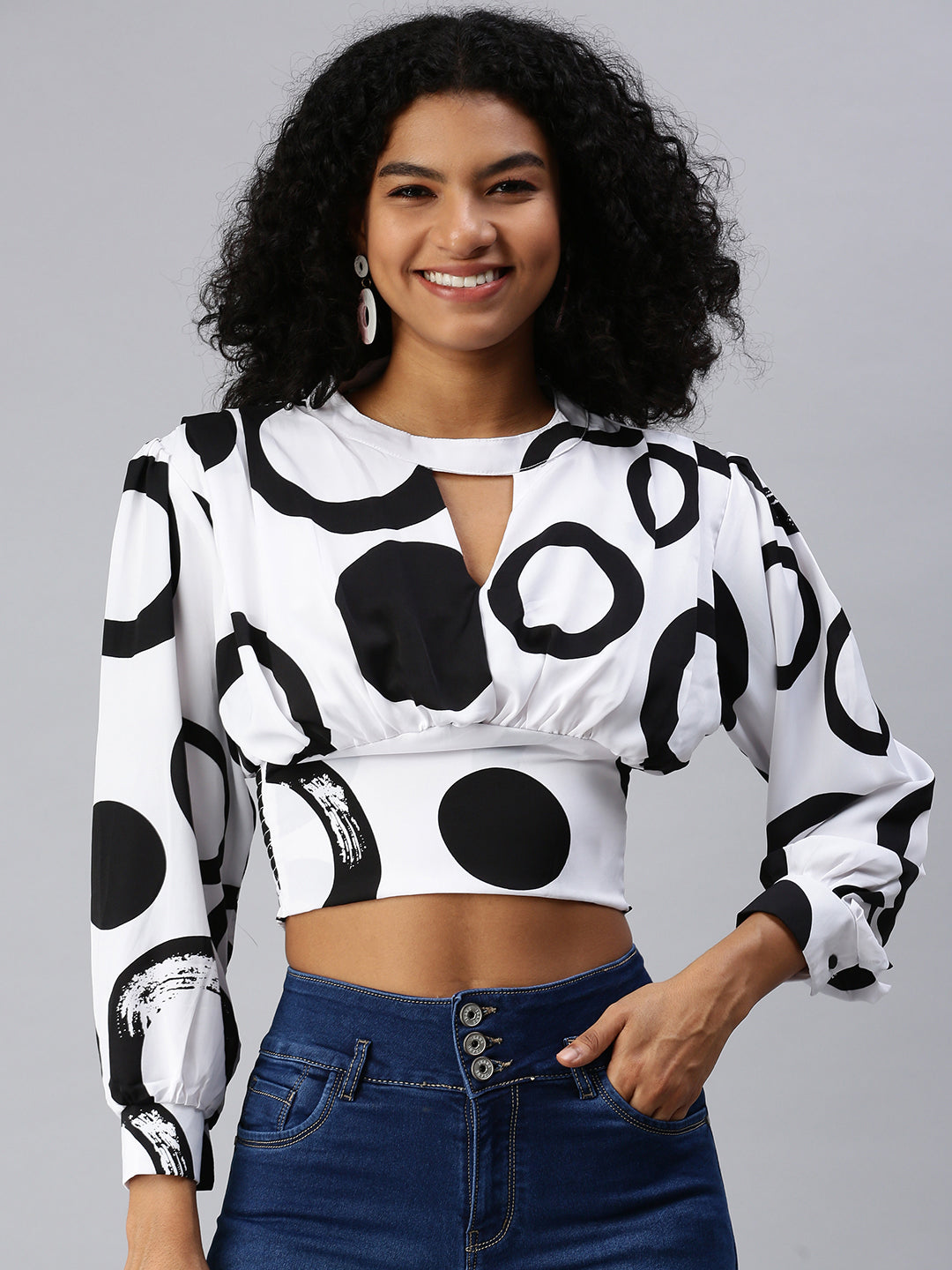 Women Printed White Cinched Waist Top