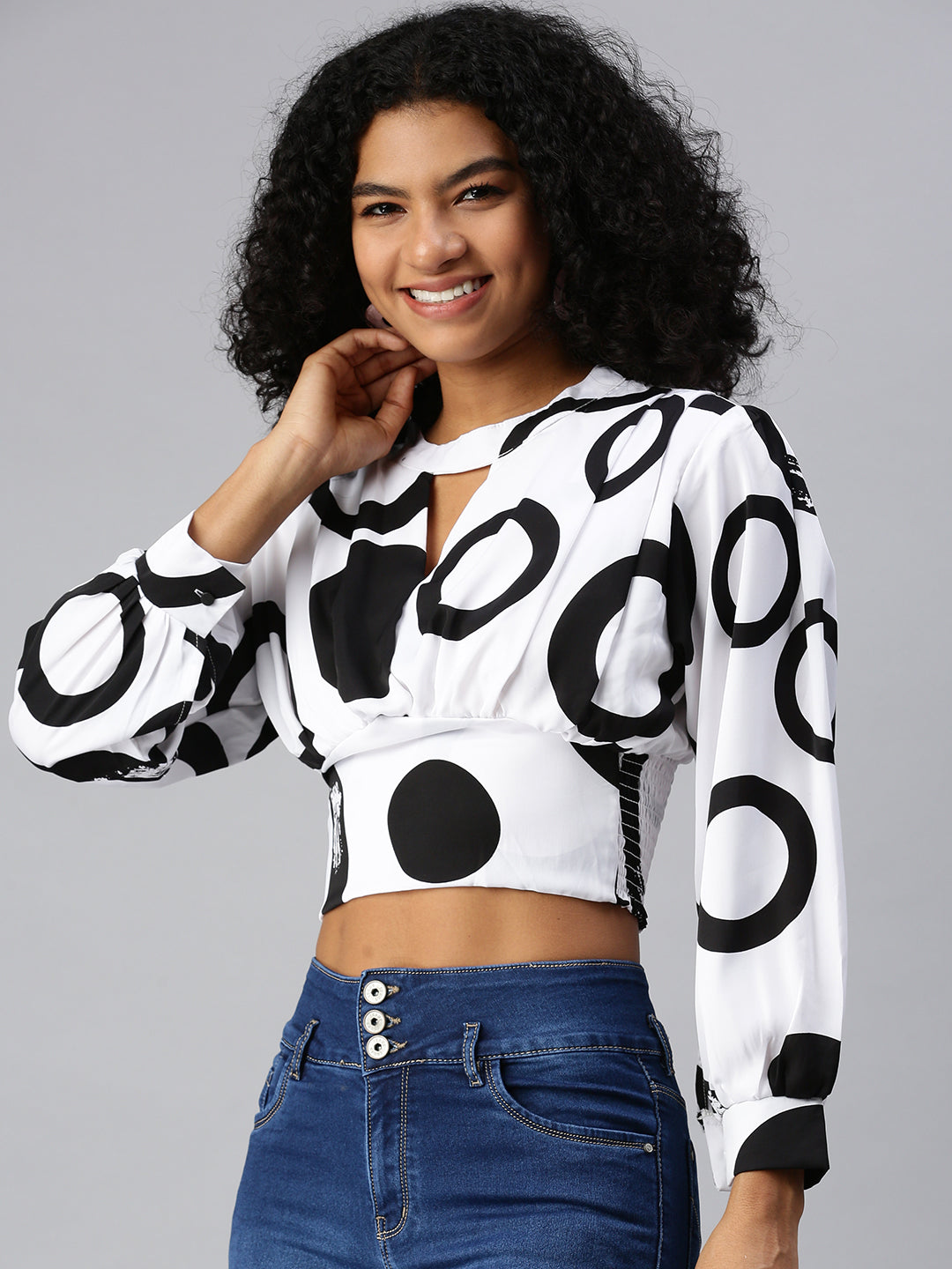 Women Printed White Cinched Waist Top