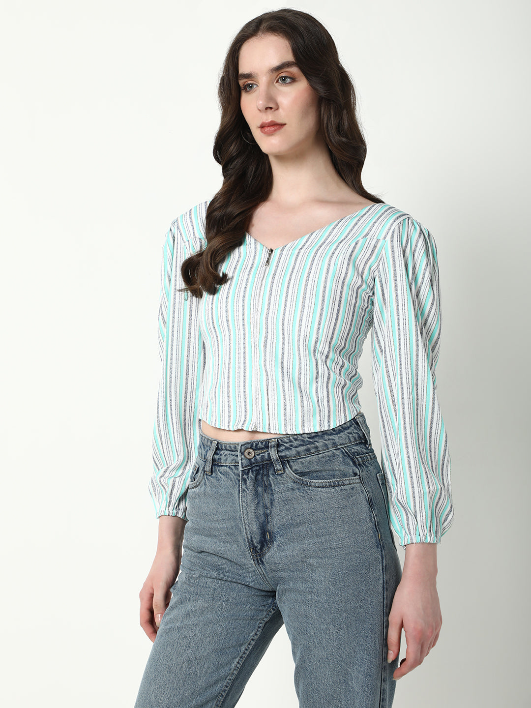 Women Sea Green Striped Fitted Crop Top