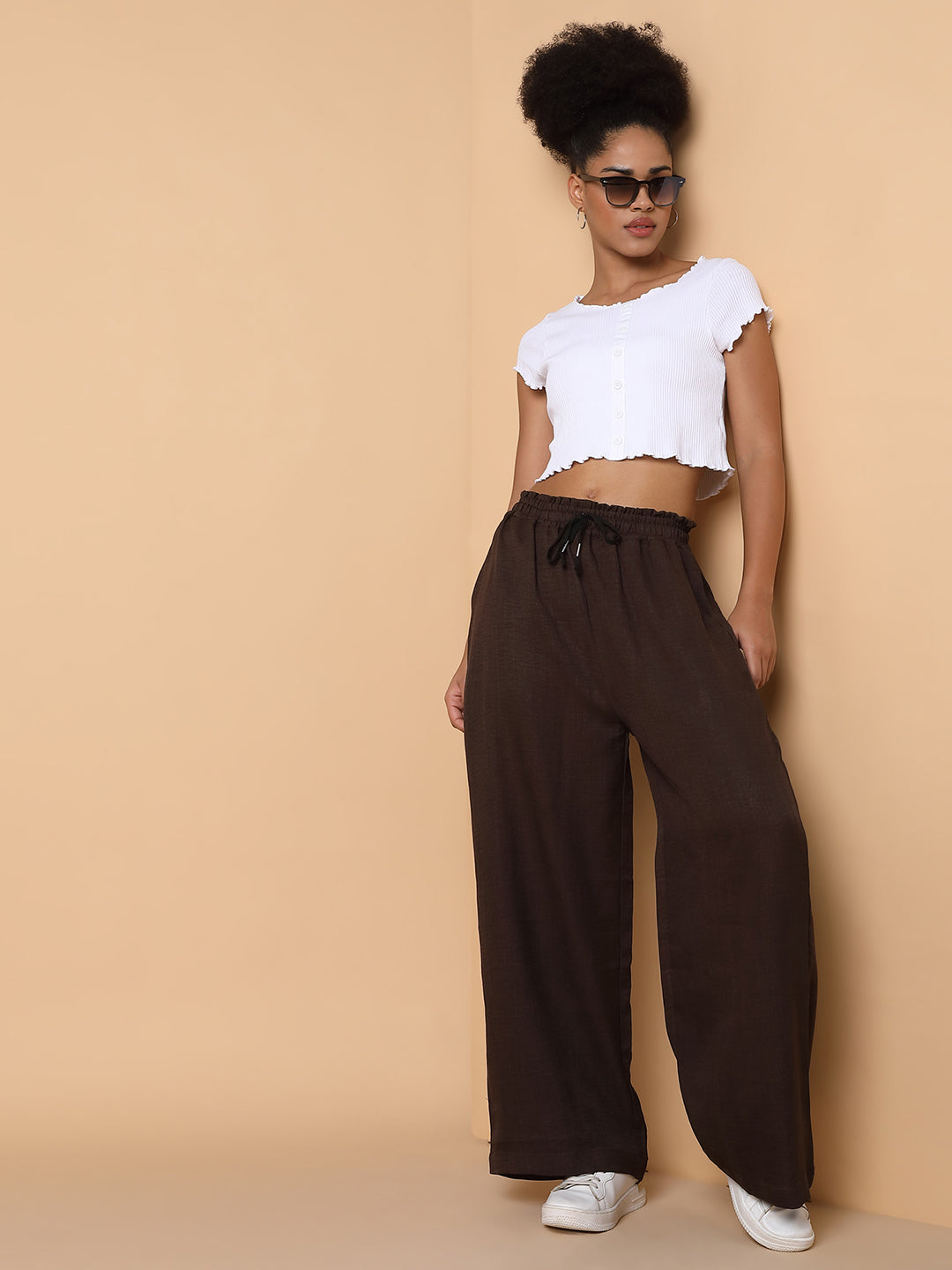 Women Flat Front Solid Brown Trousers