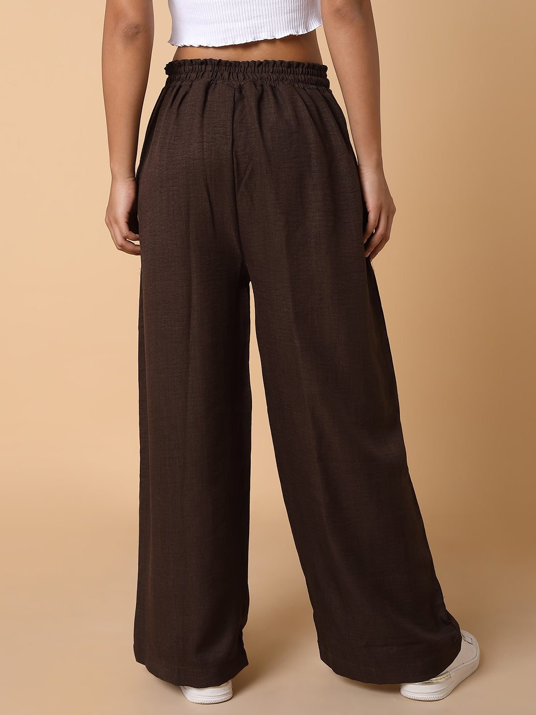 Women Flat Front Solid Brown Trousers