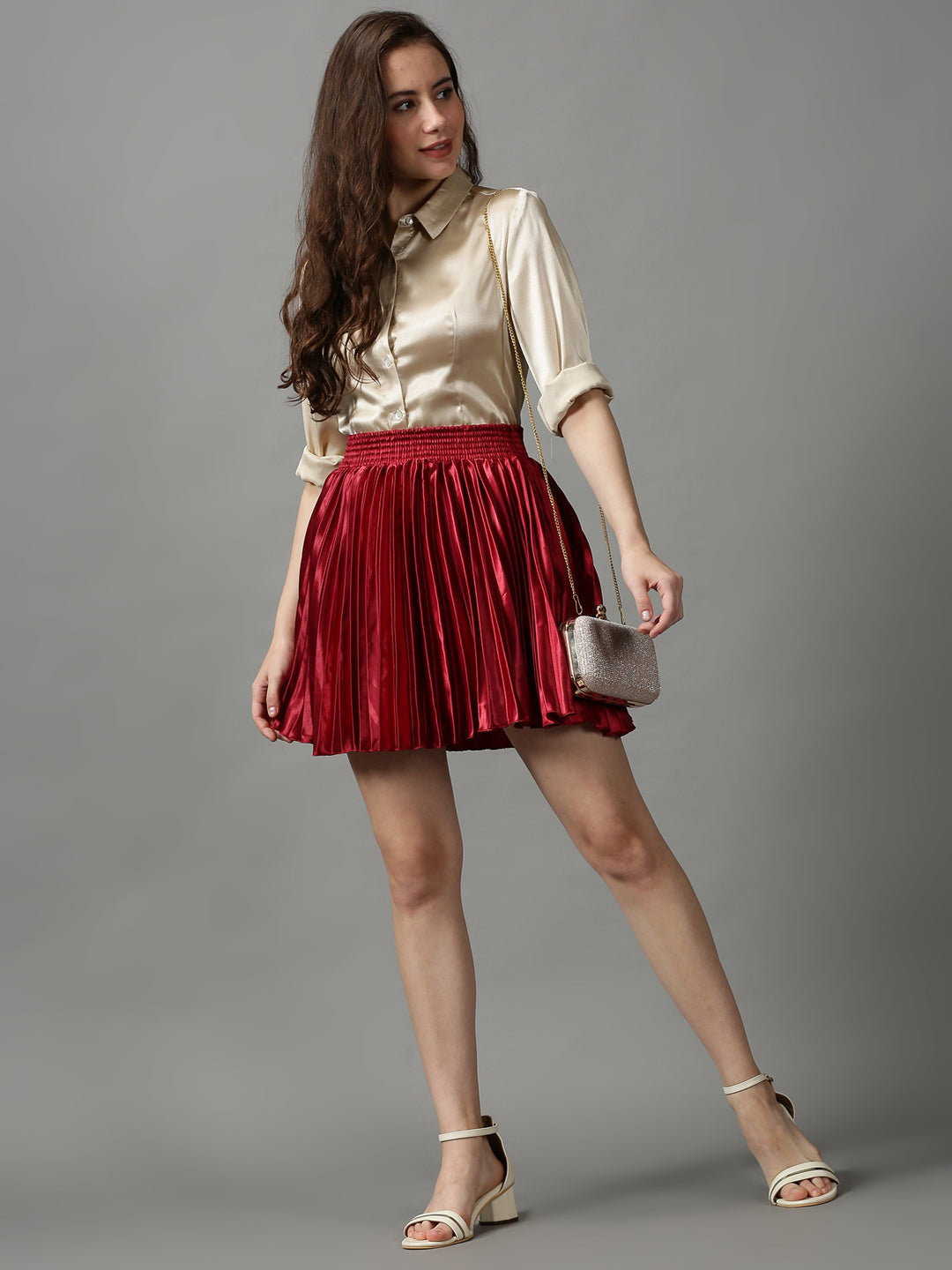 Women Solid Maroon Mini Flared Skirts