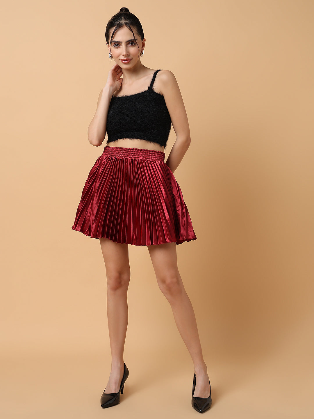 Women Solid Maroon Mini Flared Skirts