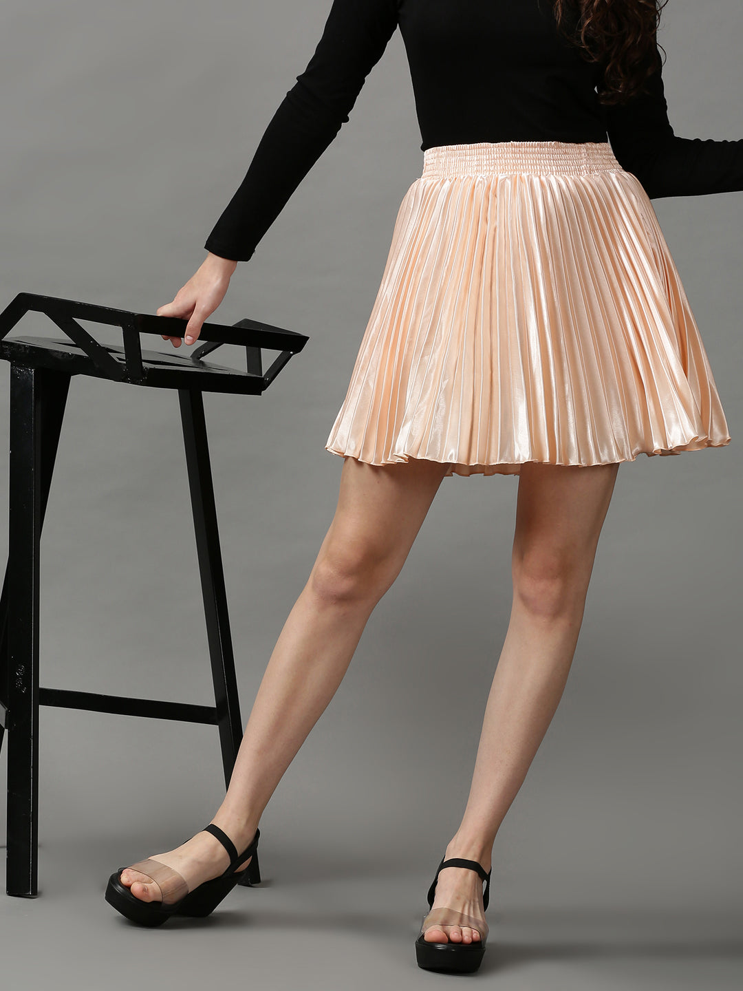 Women Solid Peach Mini Flared Skirts