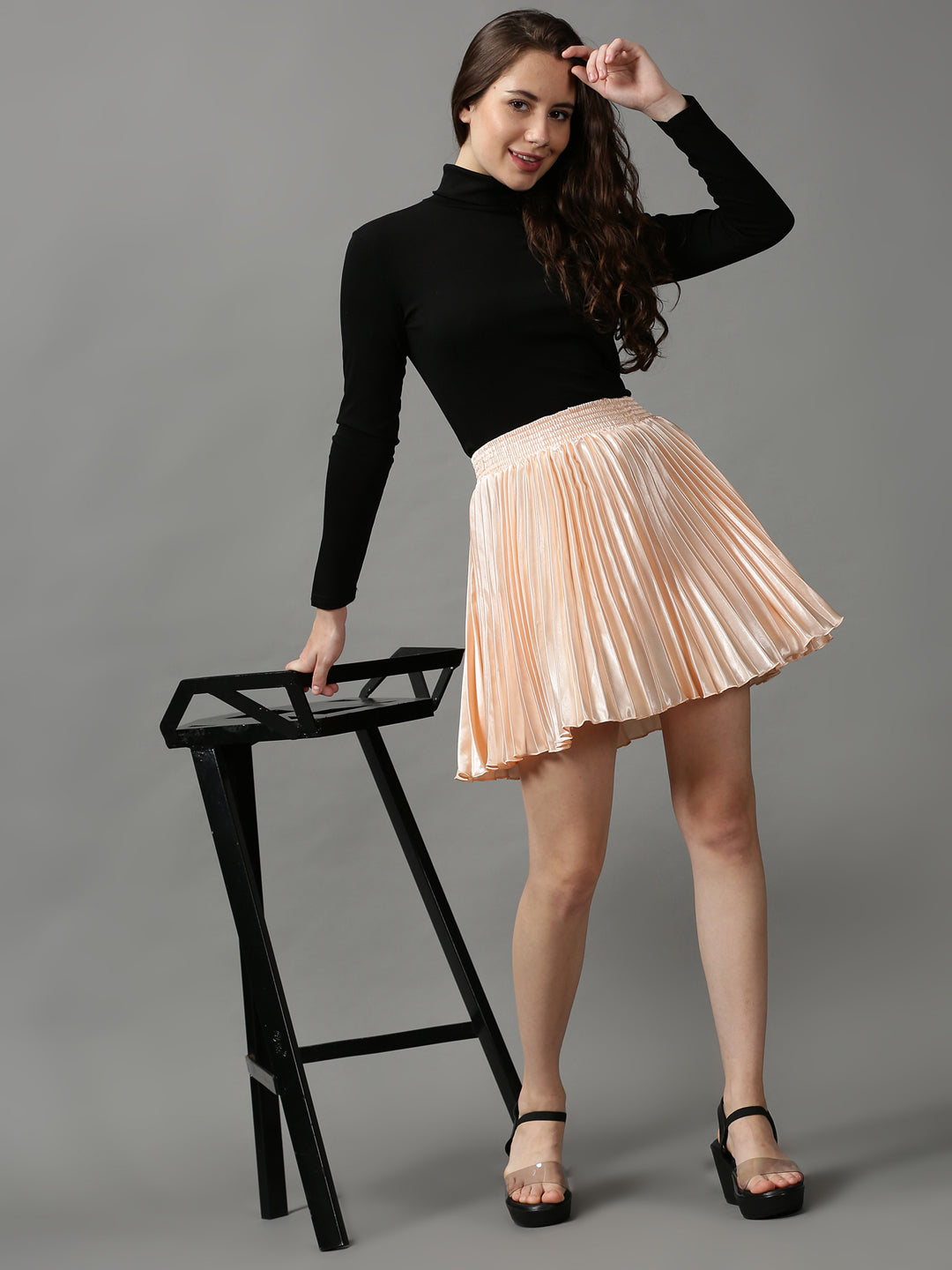 Women Solid Peach Mini Flared Skirts