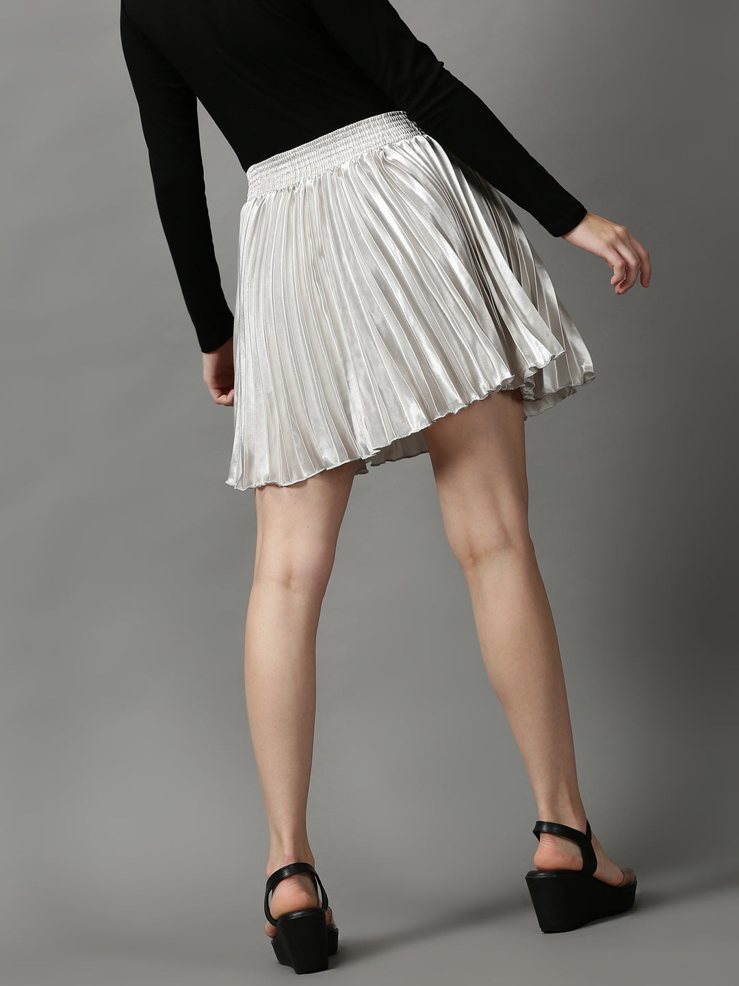 Women Solid Silver Mini Flared Skirts