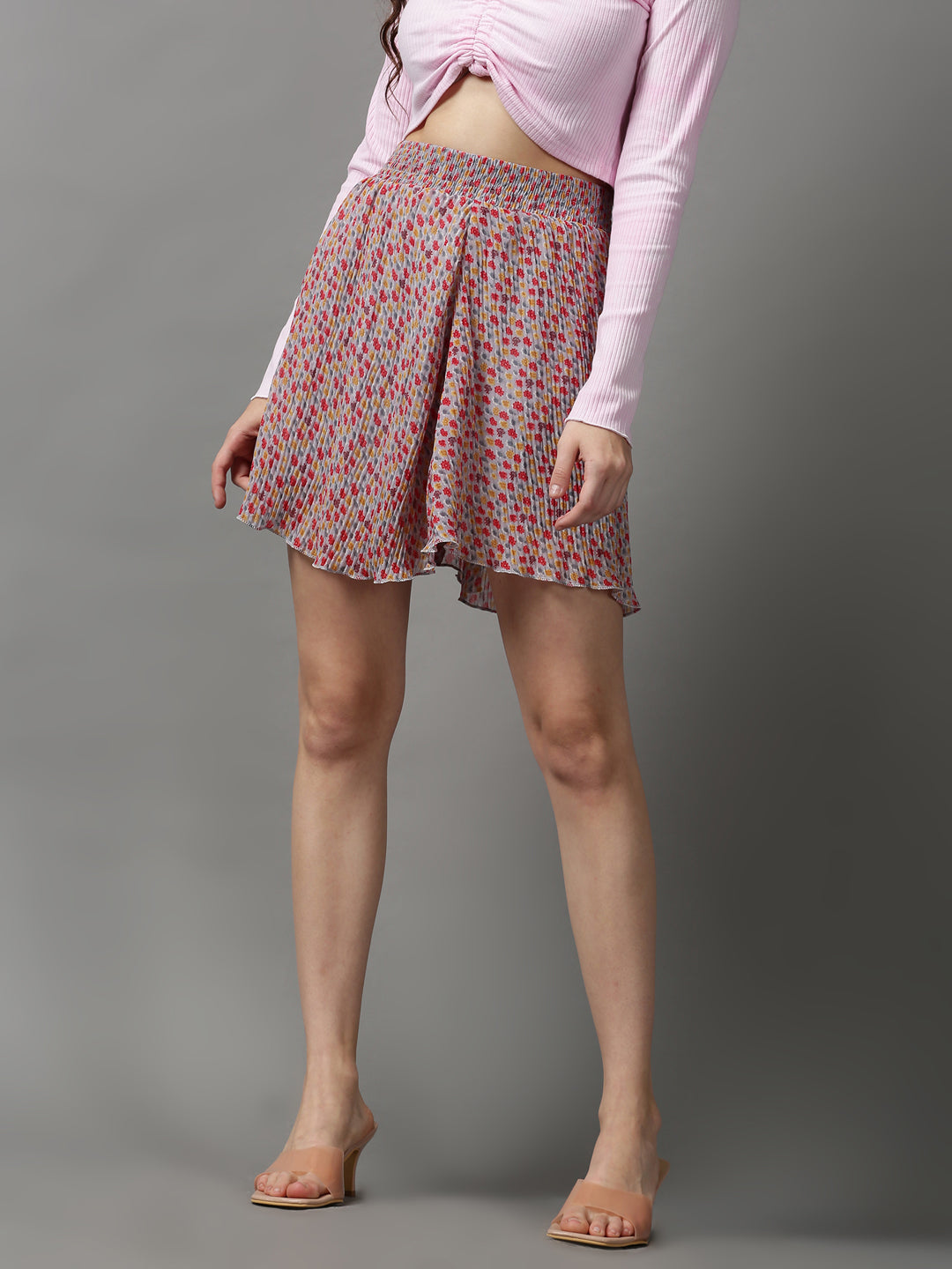 Women Floral Grey Mini Flared Skirts