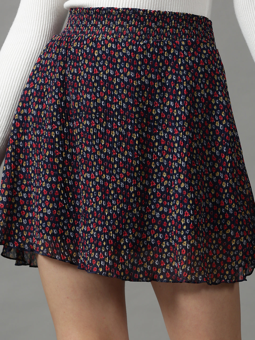 Women Floral Navy Blue Mini Flared Skirts