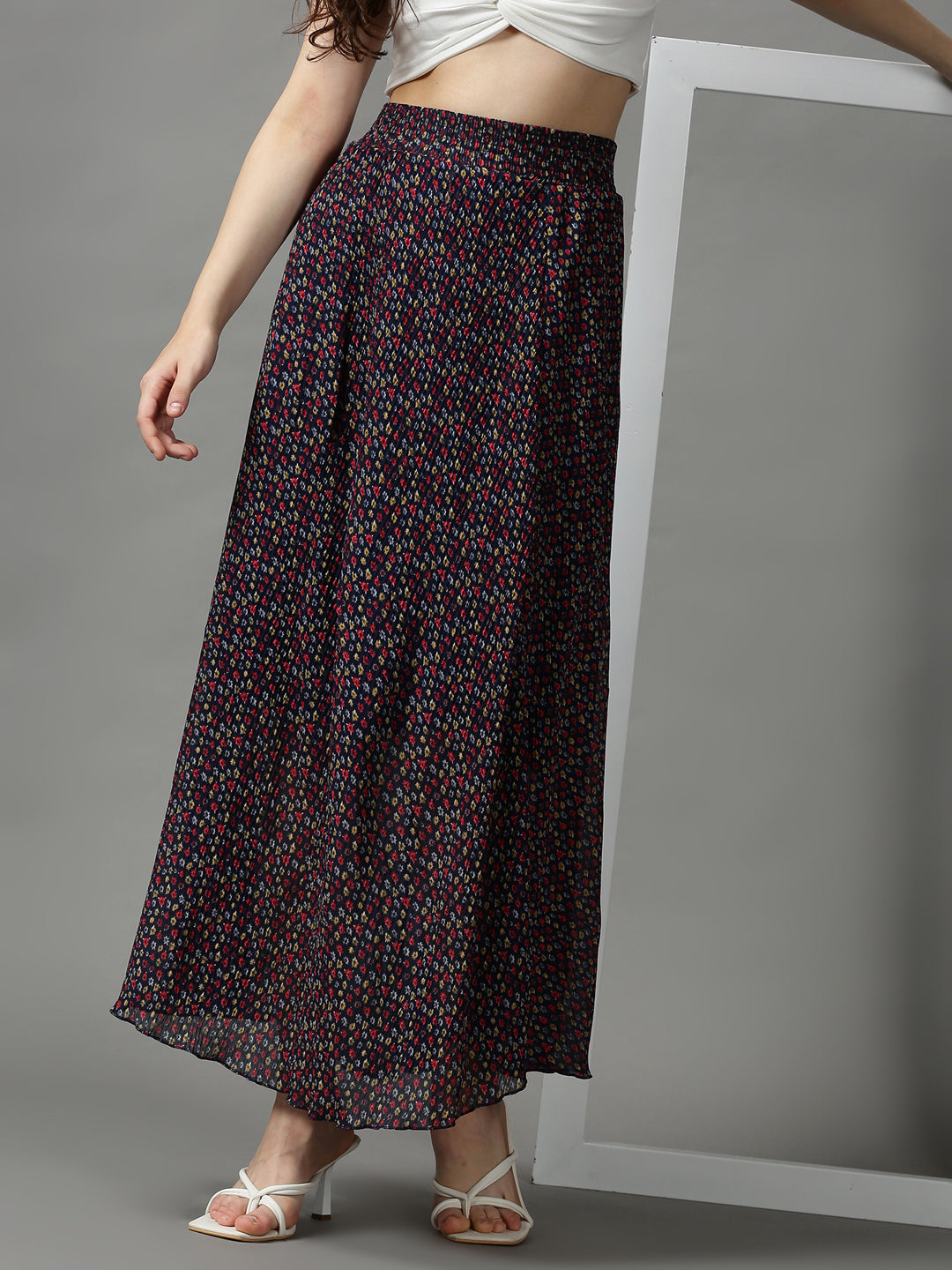 Women Floral Navy Blue Maxi Flared Skirts
