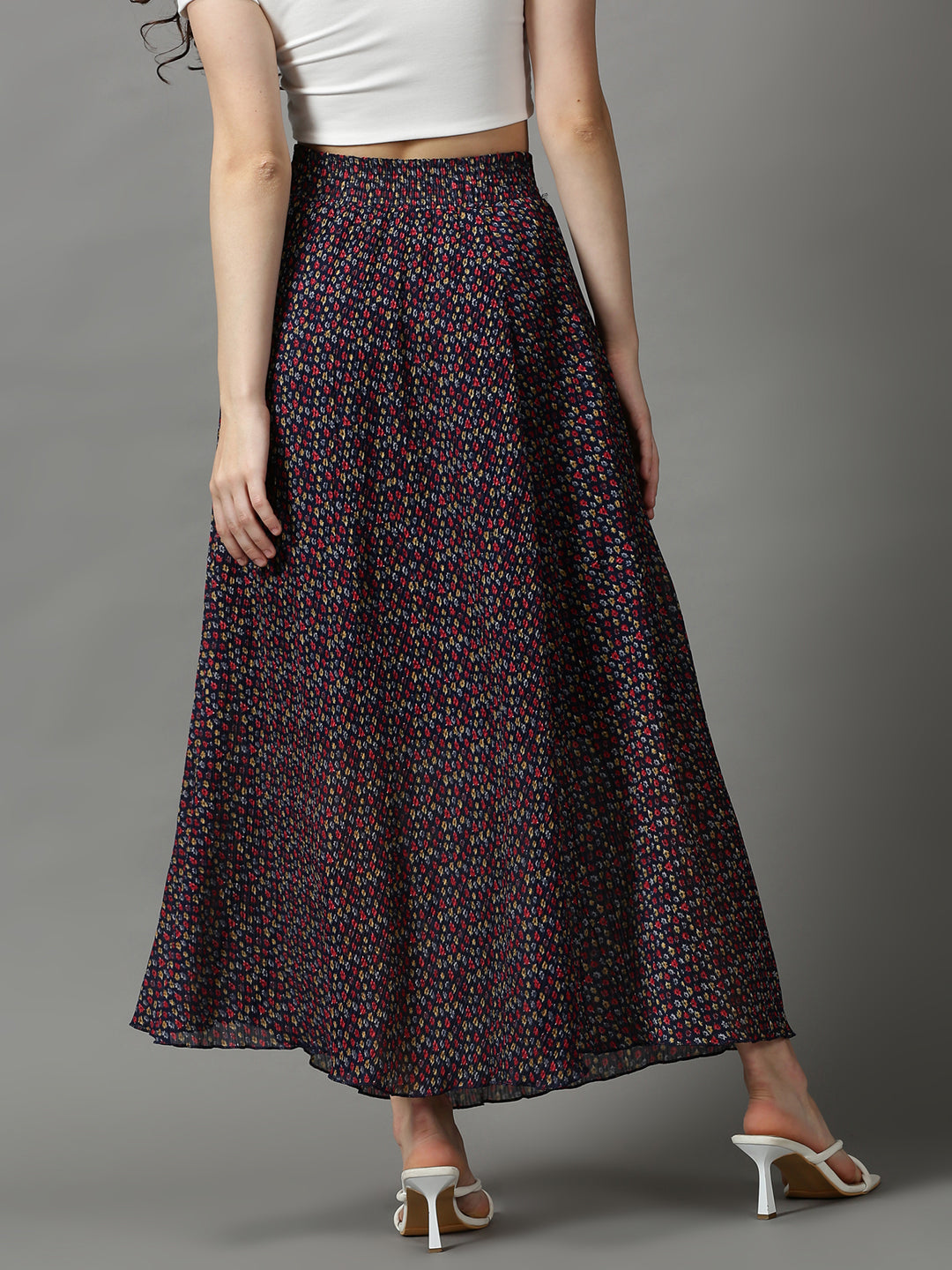 Women Floral Navy Blue Maxi Flared Skirts