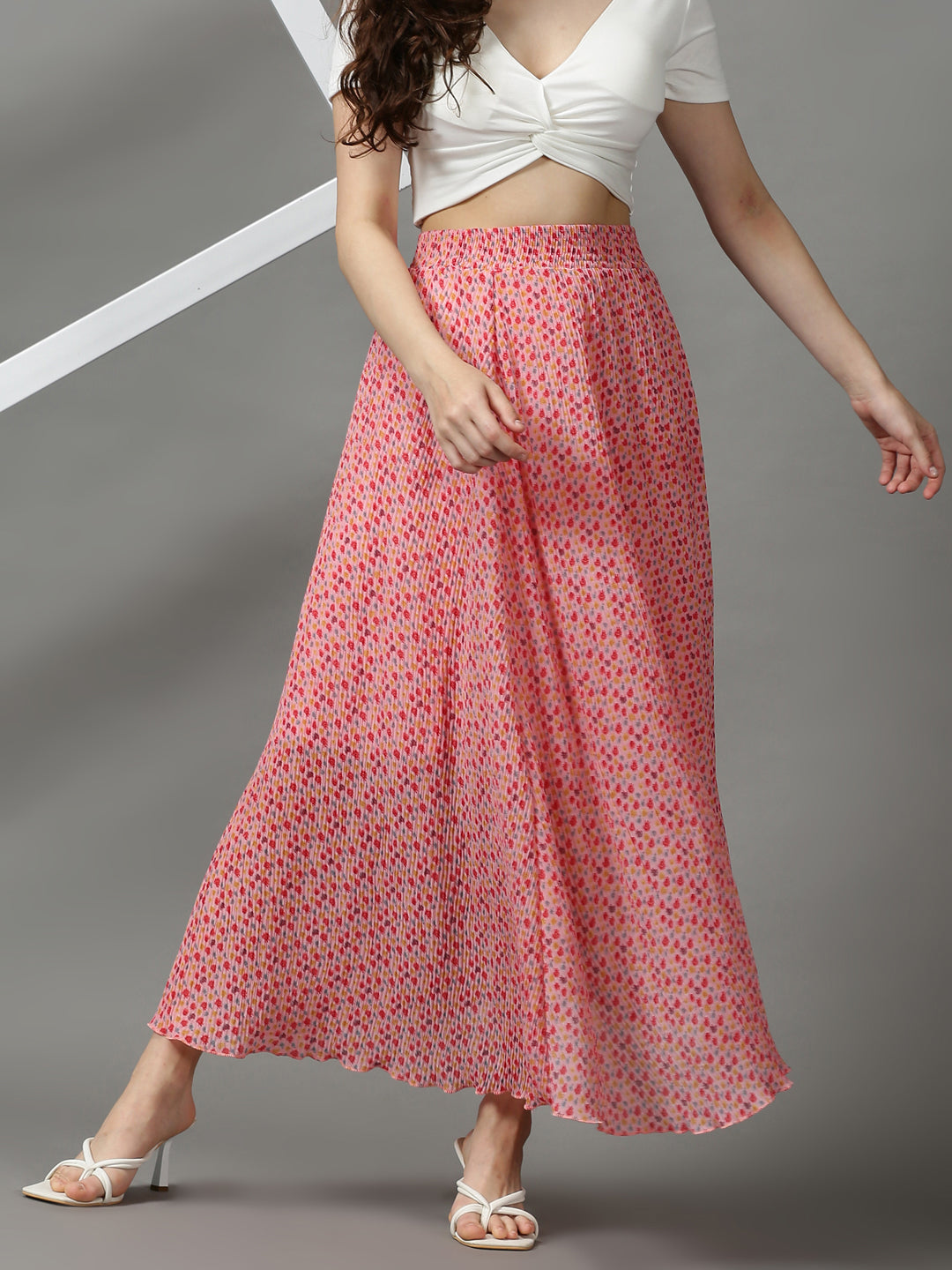 Women Floral Pink Maxi Flared Skirts