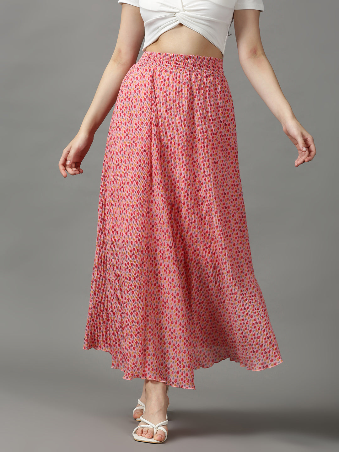 Women Floral Pink Maxi Flared Skirts