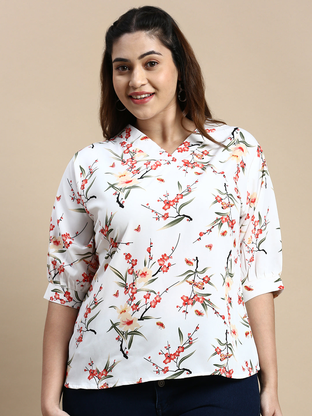 Women Floral Off White Top