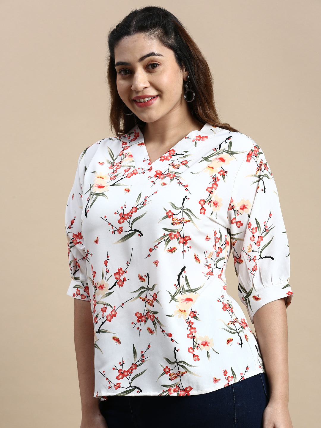 Women Floral Off White Top