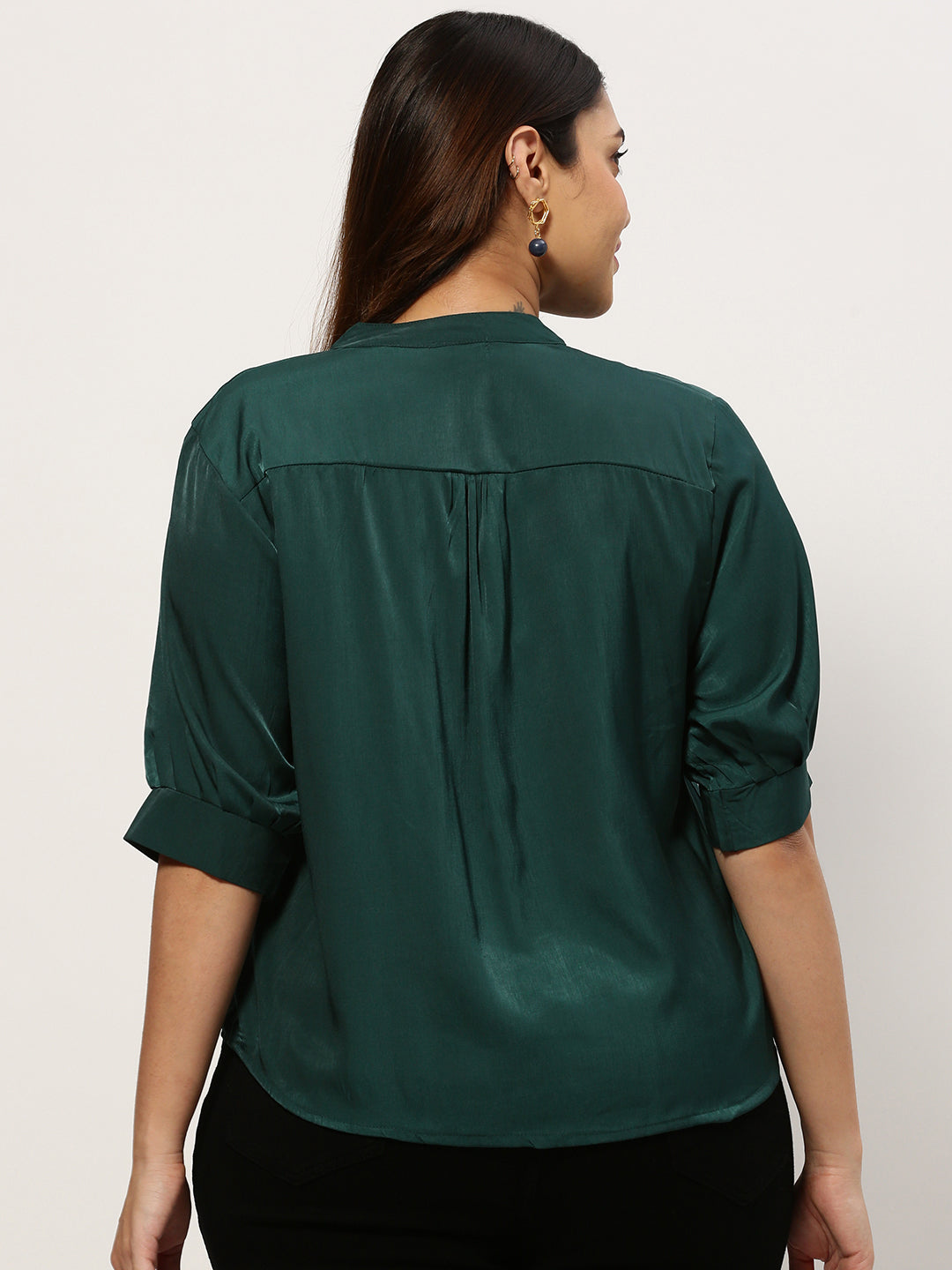 Women Mandarin Collar Solid Green Top
