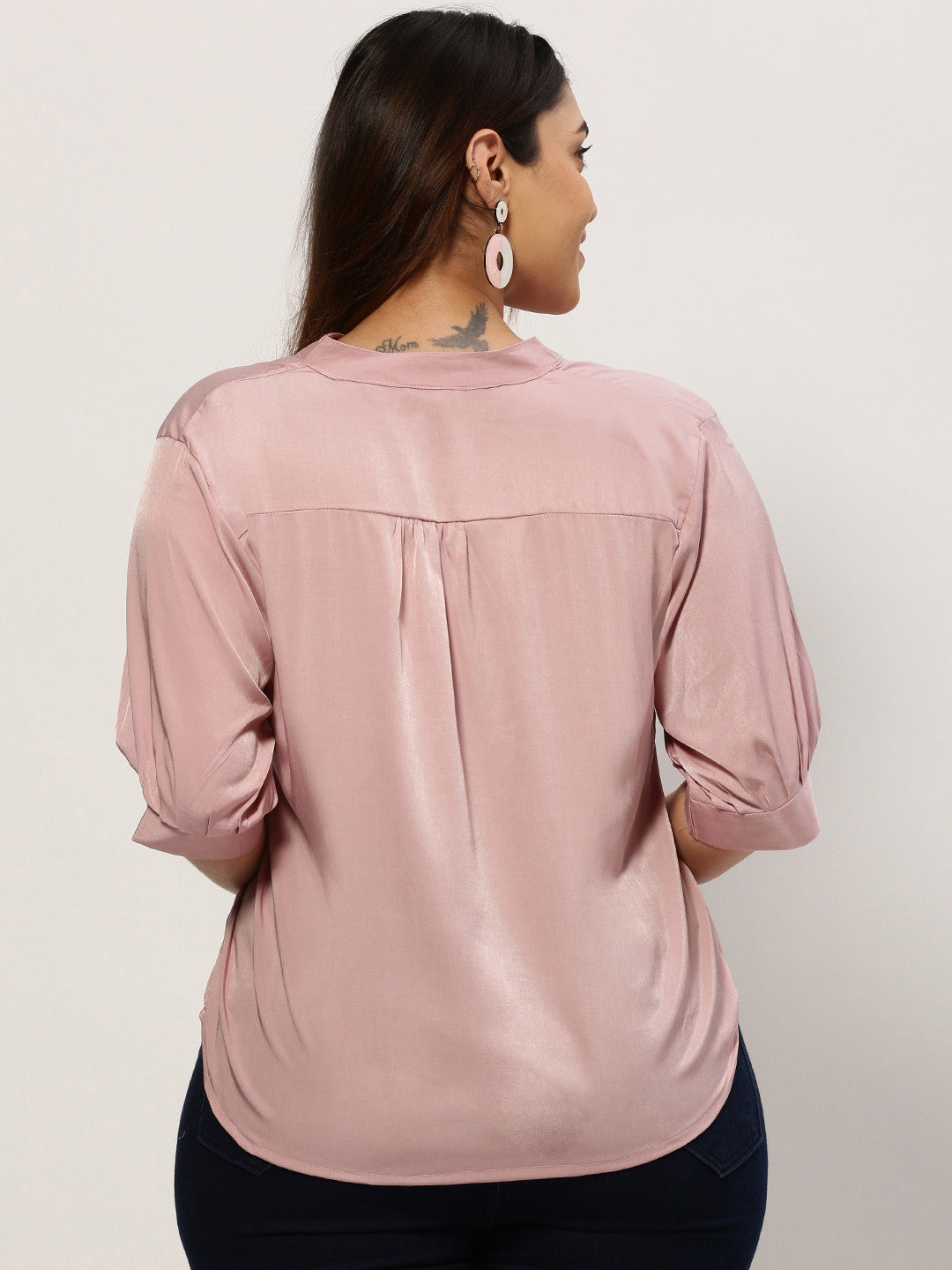 Women Mandarin Collar Solid Pink Top