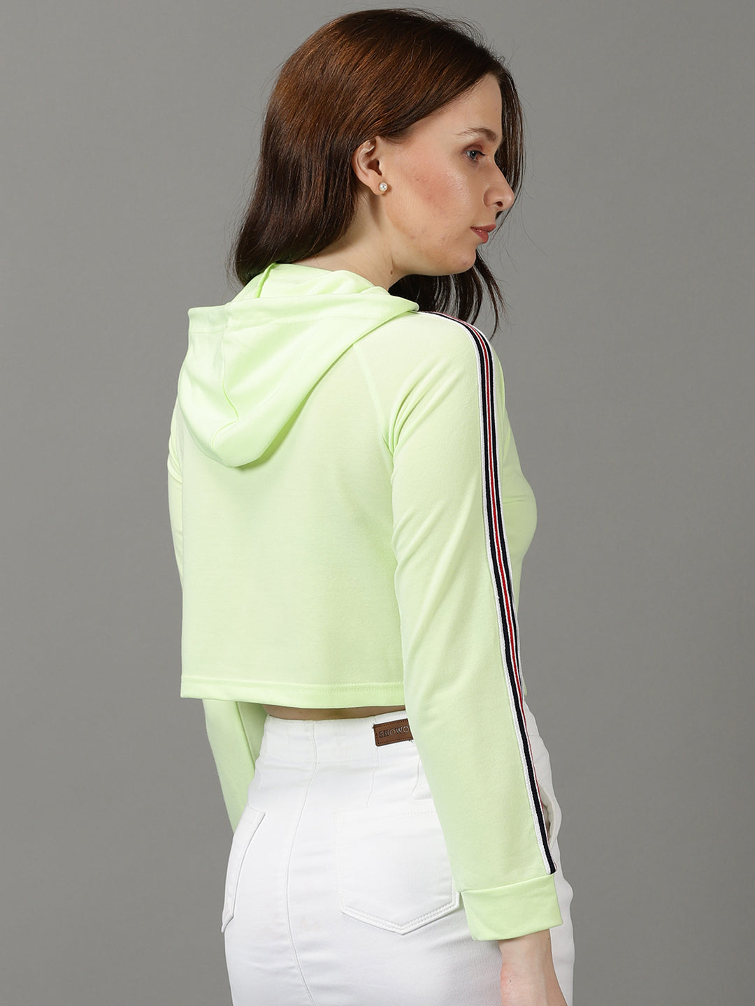 Women Hooded Lime Green Solid Pullover