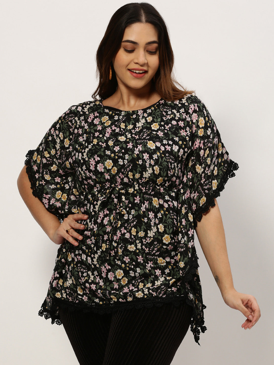 Women Floral Black Top