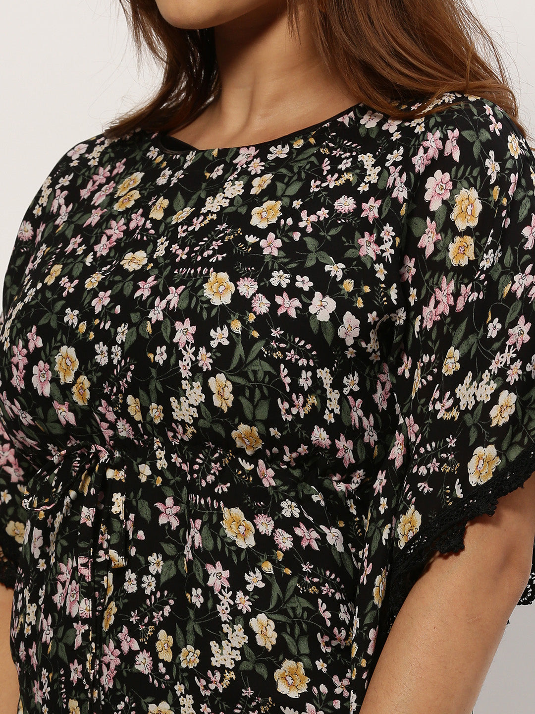 Women Floral Black Top