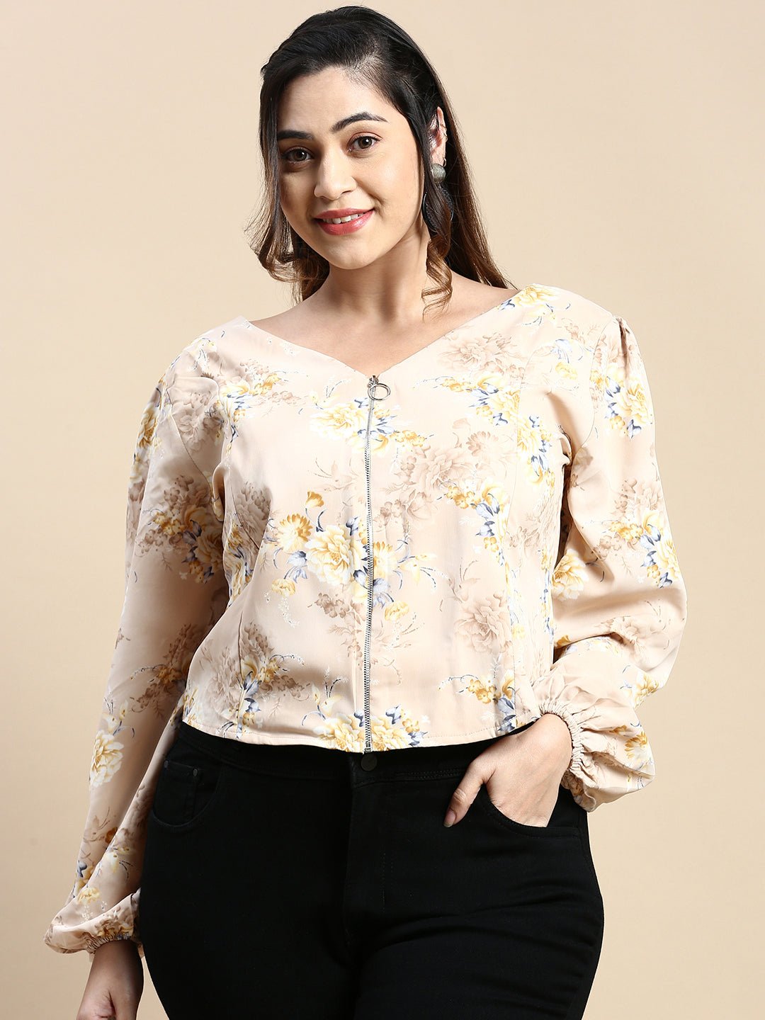 Women Floral Beige Top