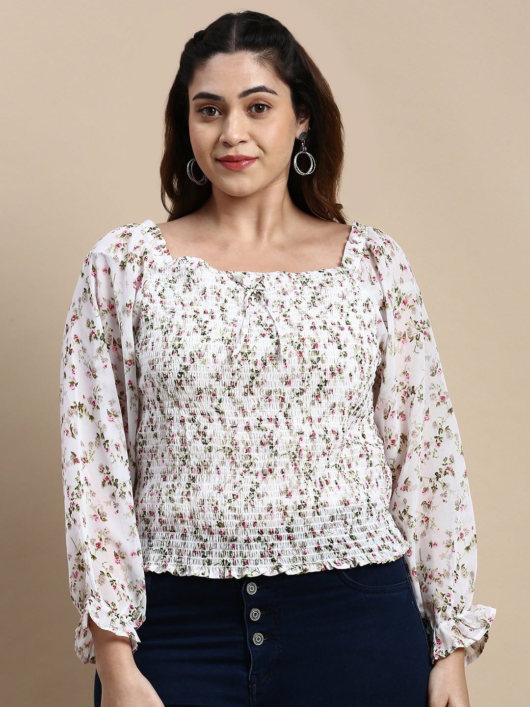 Women Square Floral White Top