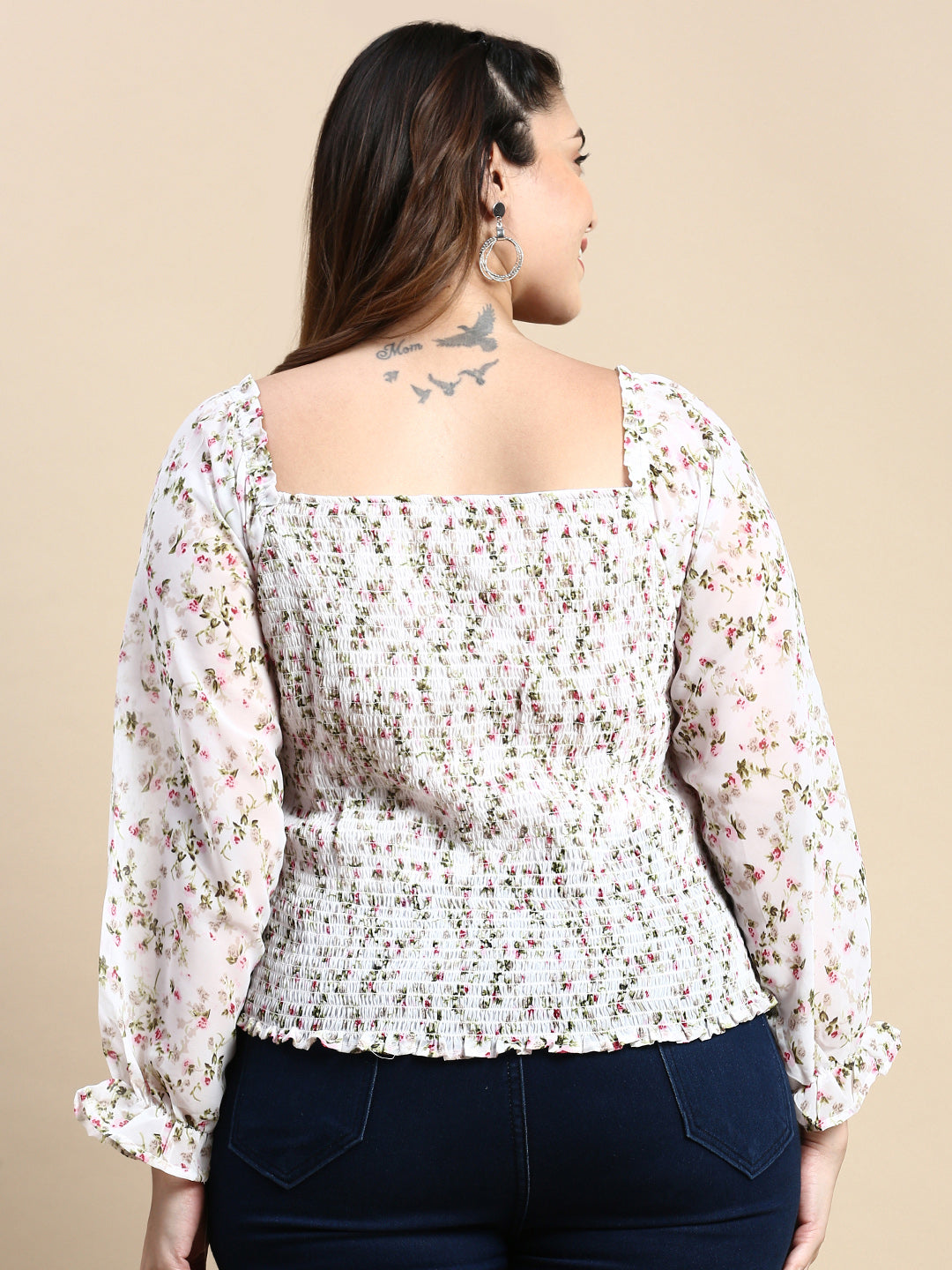 Women Square Floral White Top