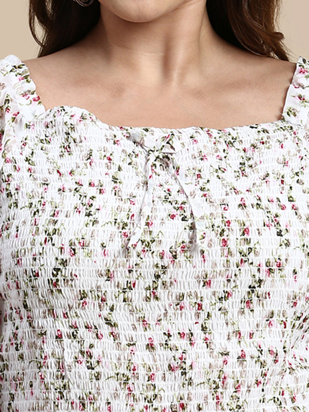 Women Square Floral White Top