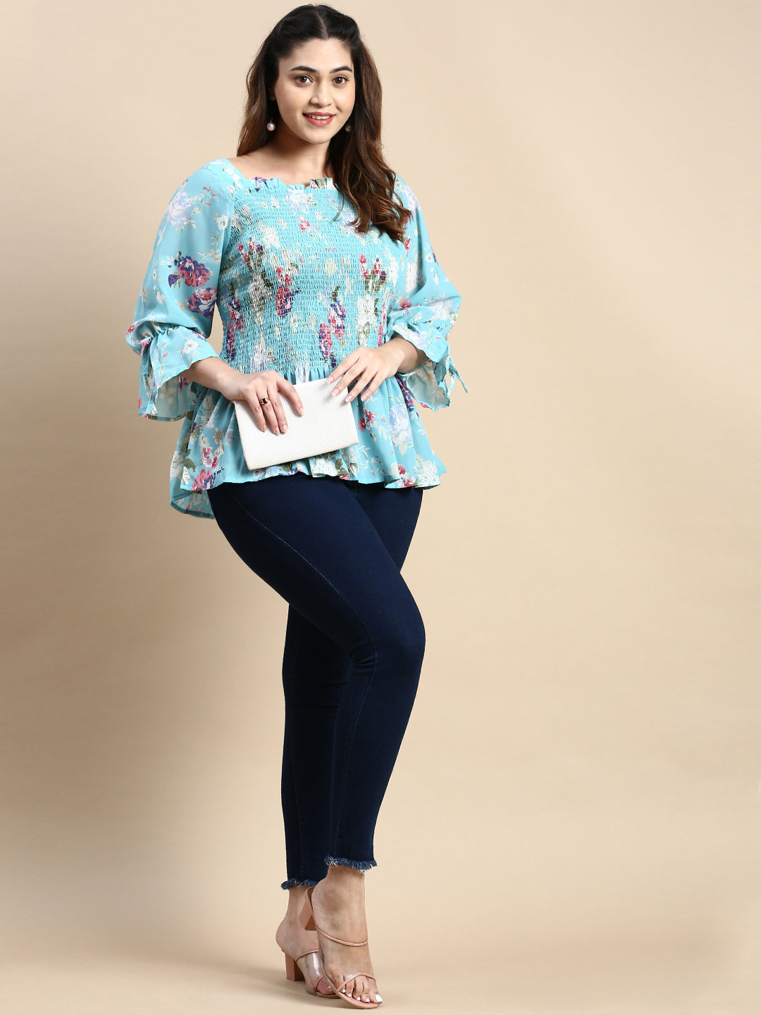 Women Floral Turquoise Blue Top