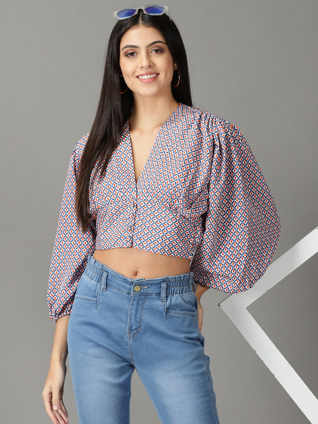 Women V-Neck Printed Navy Blue Cinched Waist Top