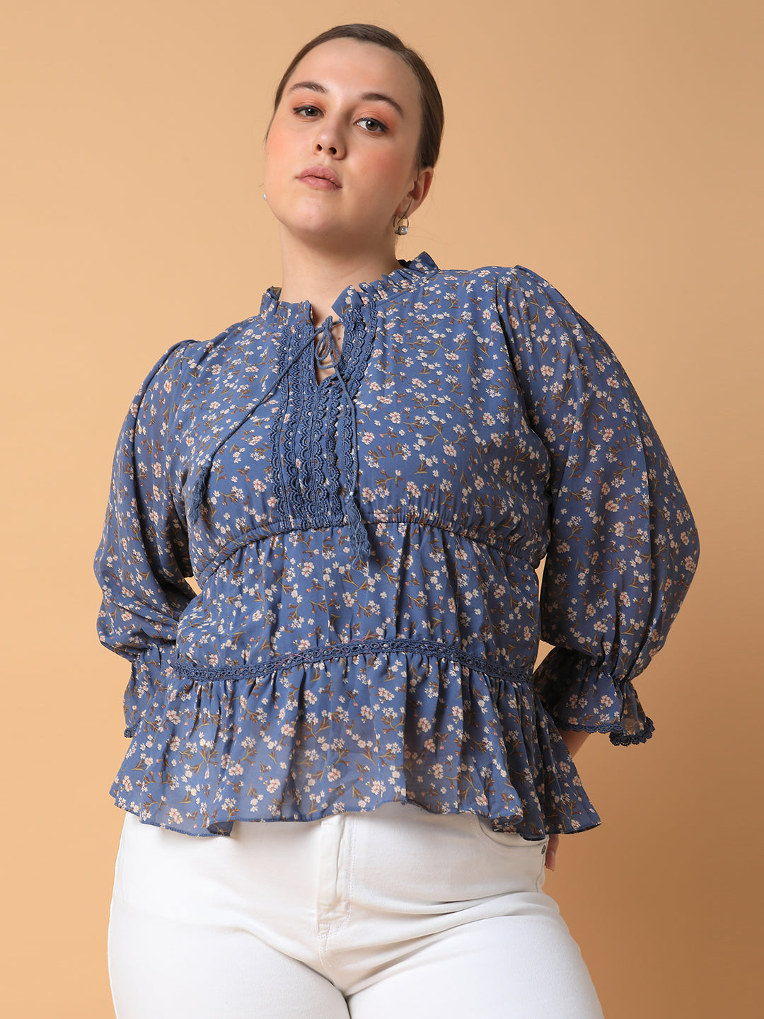 Women Floral Empire Blue Top