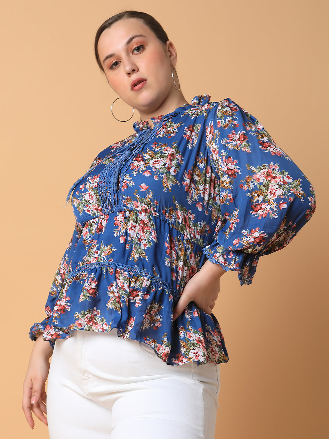 Women Floral Empire Blue Top