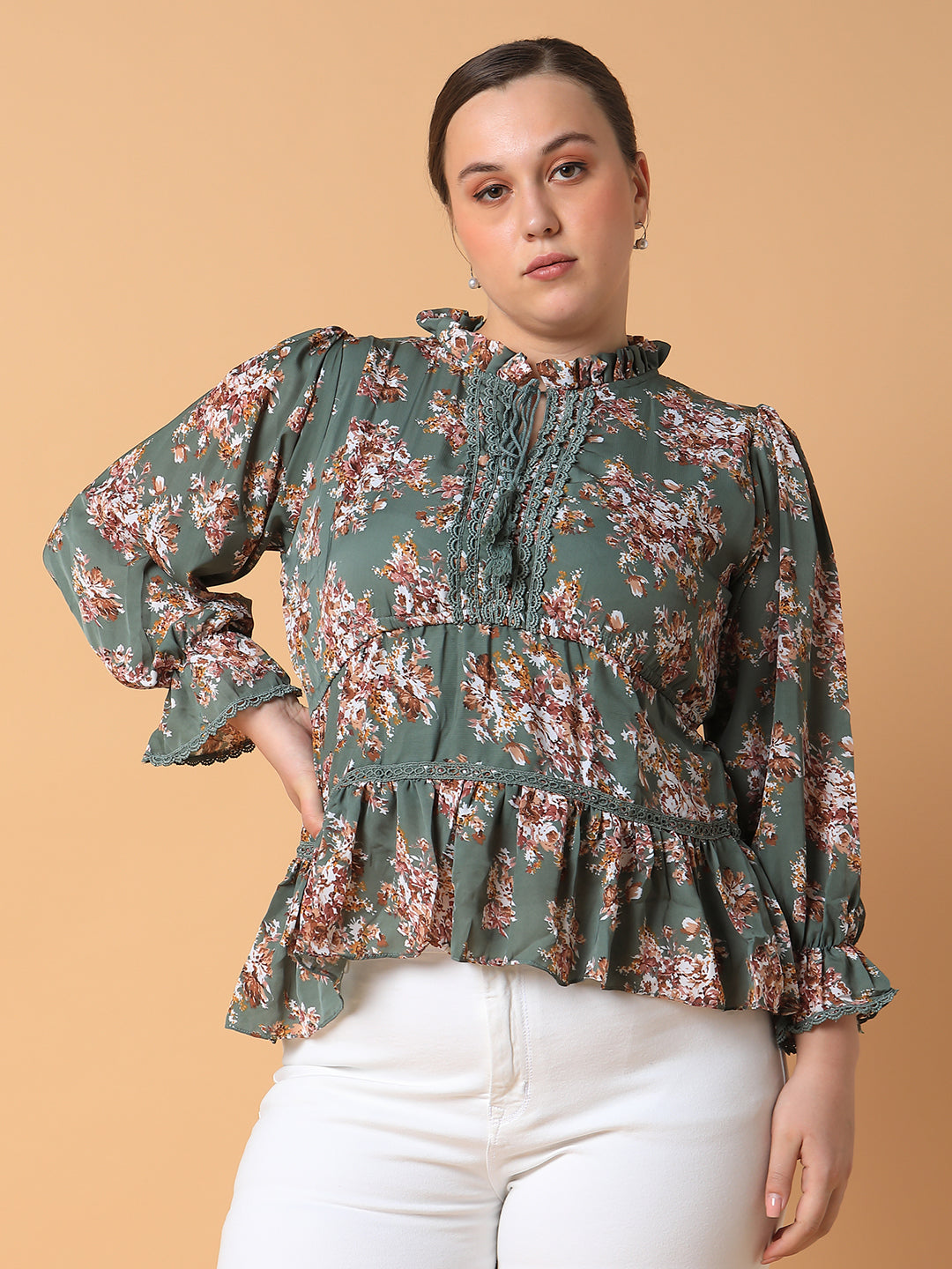 Women Floral Empire Olive Top