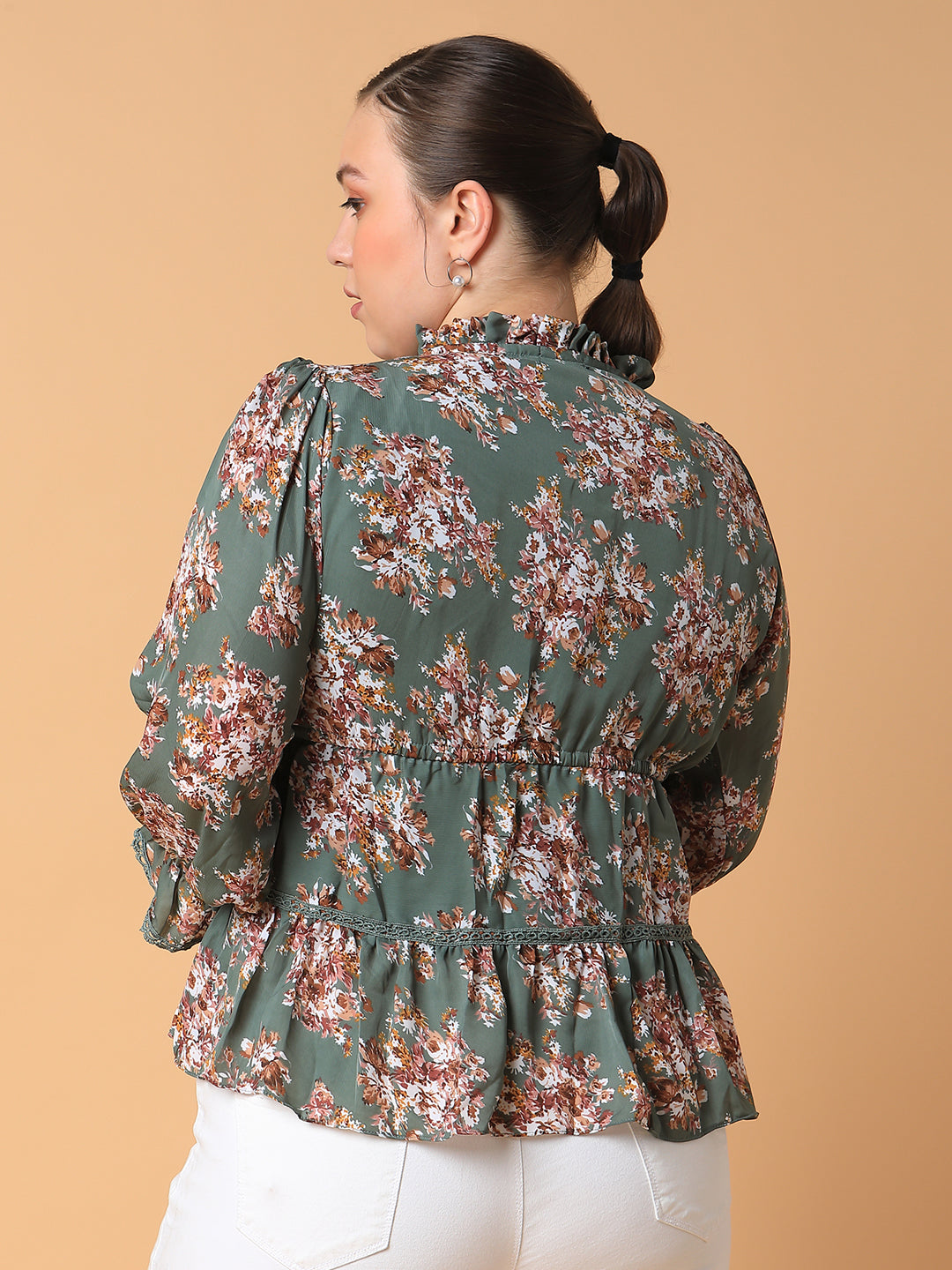 Women Floral Empire Olive Top