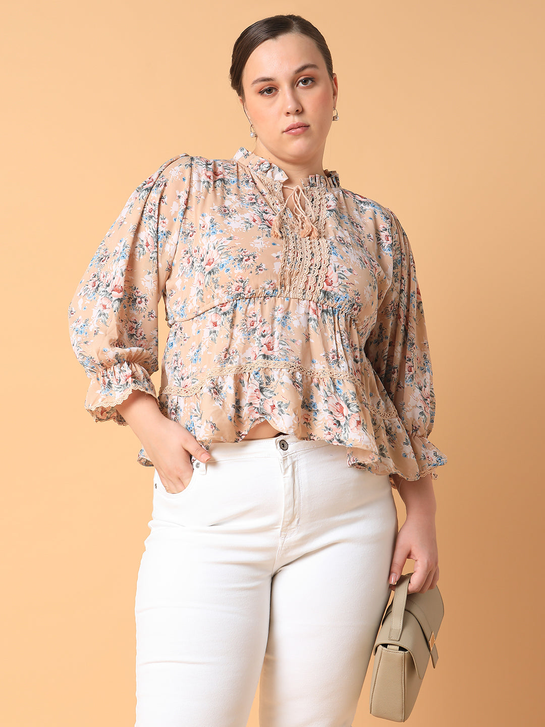 Women Floral Empire Beige Top