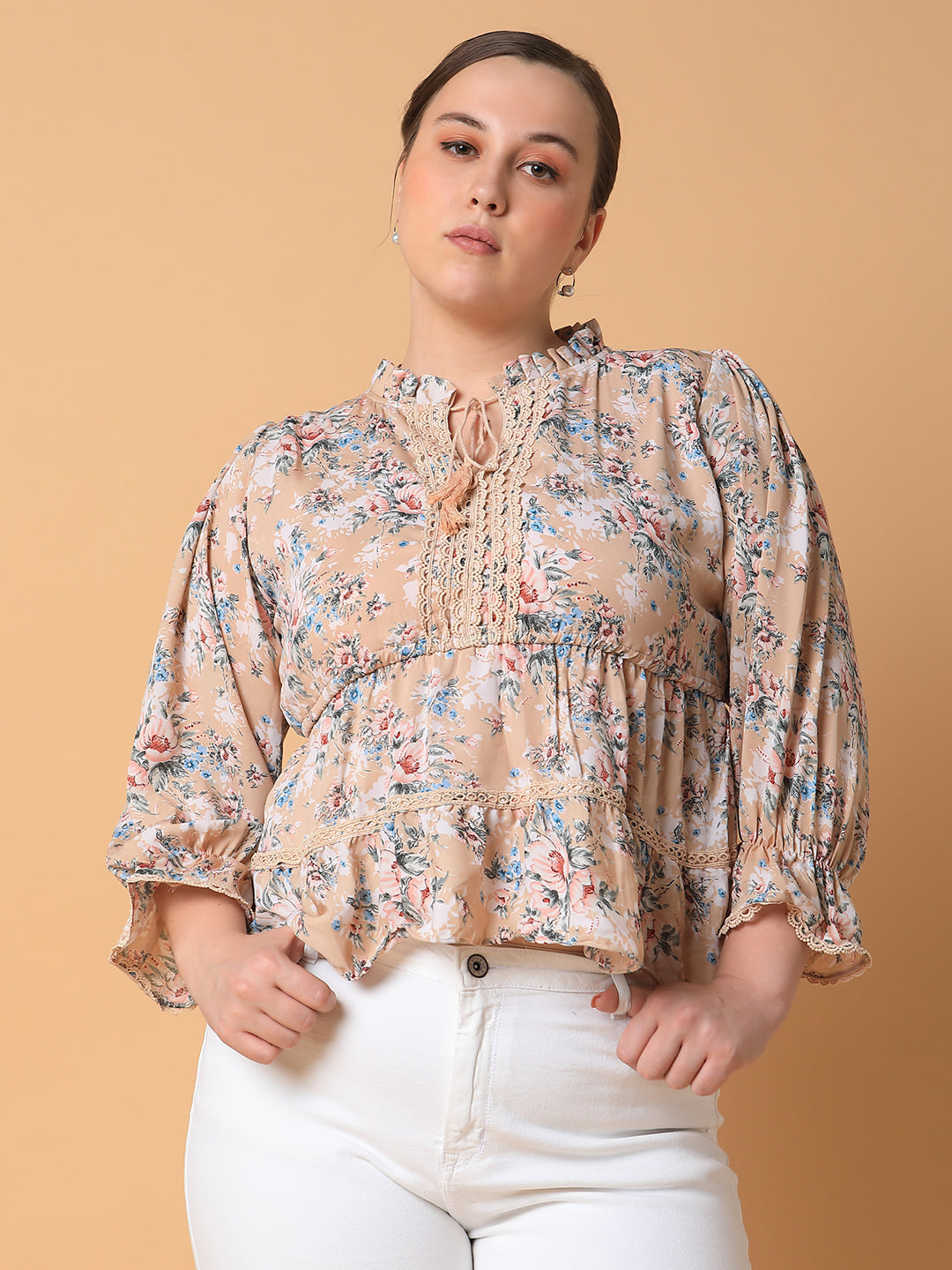 Women Floral Empire Beige Top