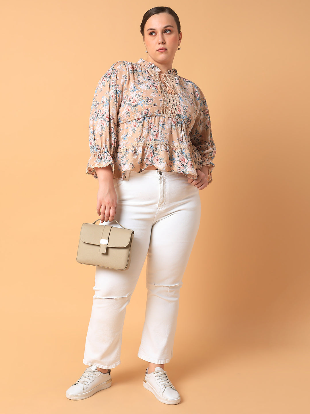 Women Floral Empire Beige Top