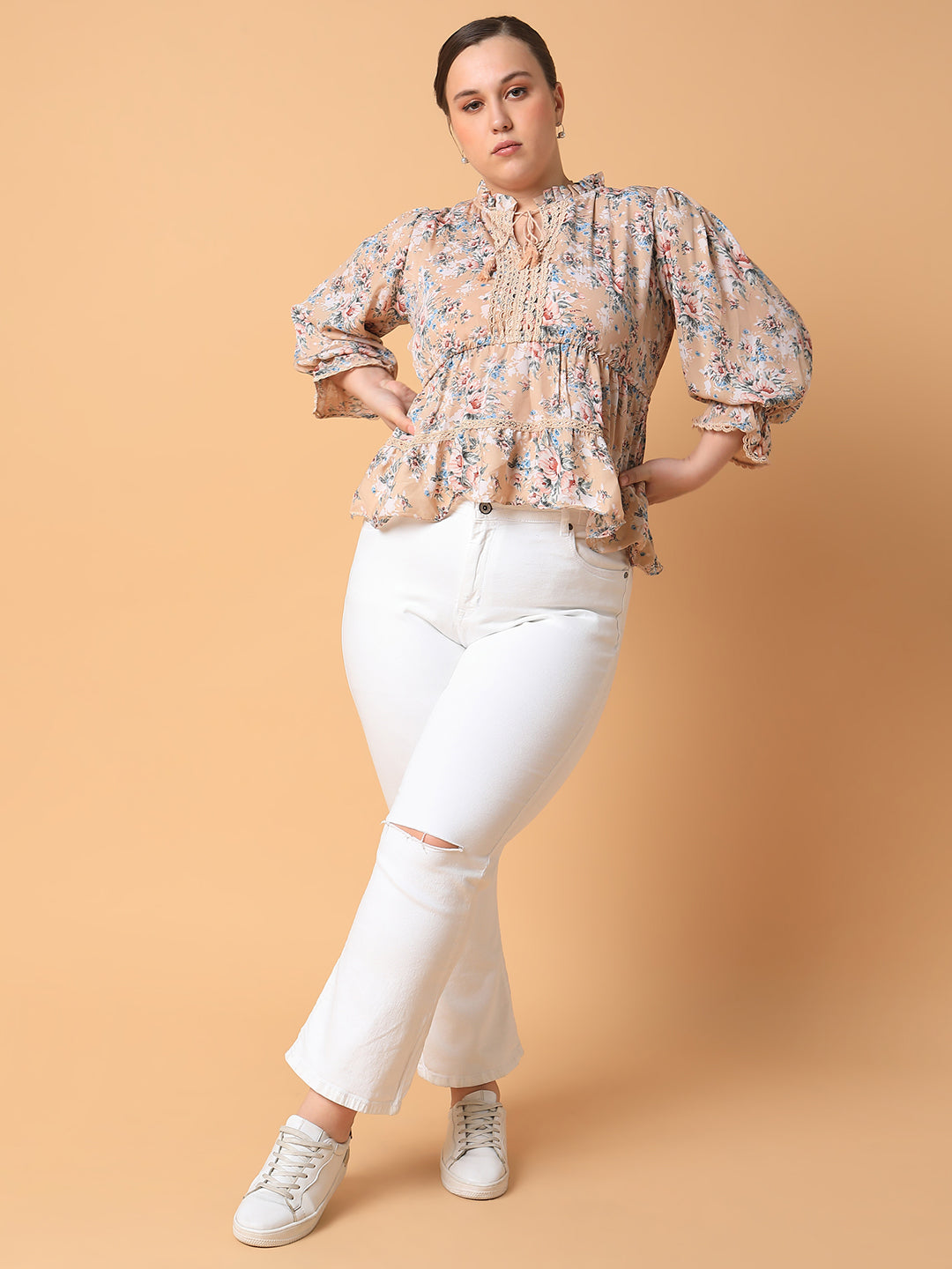 Women Floral Empire Beige Top