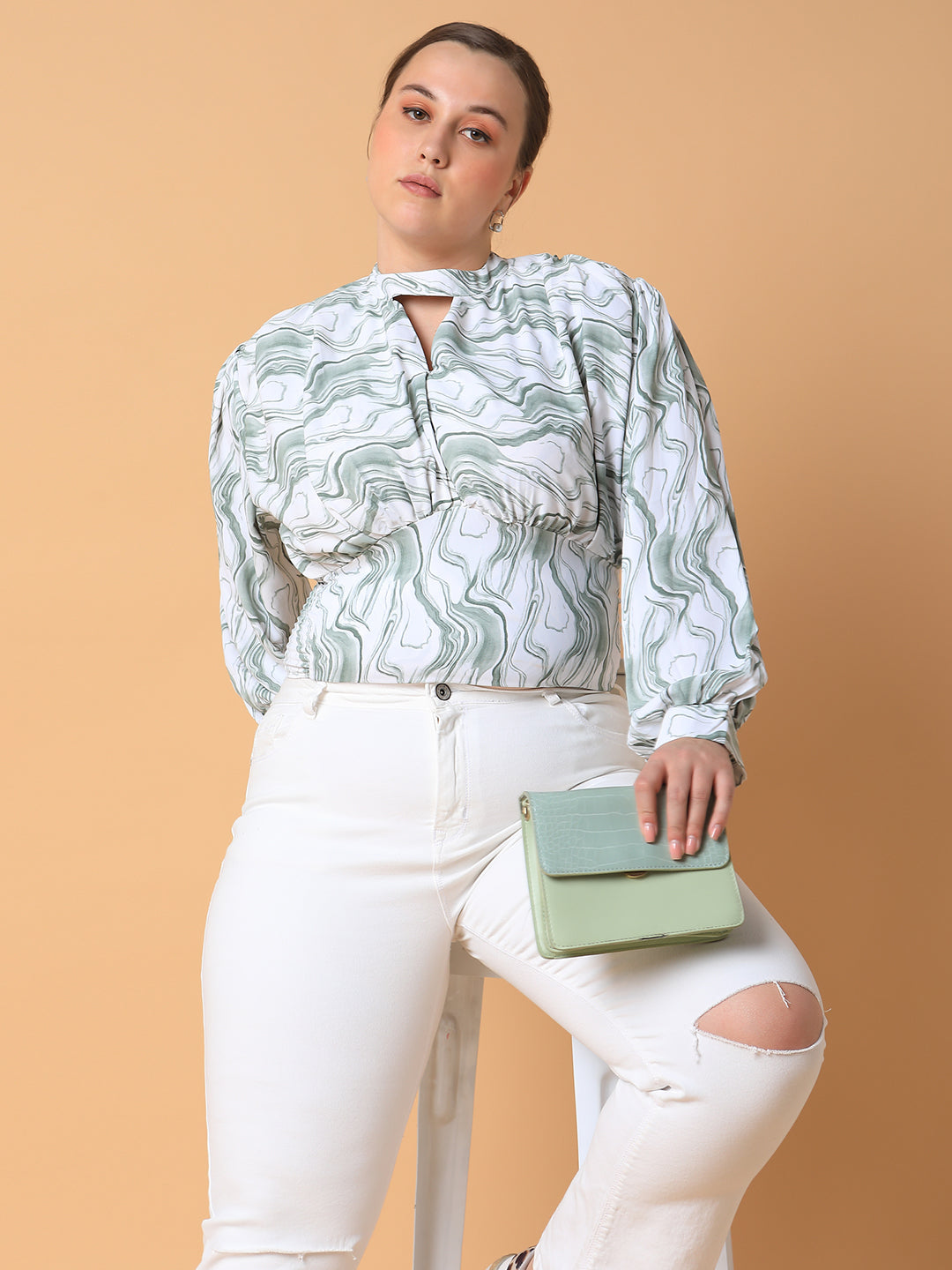 Women Abstract Sea Green Smocking Top