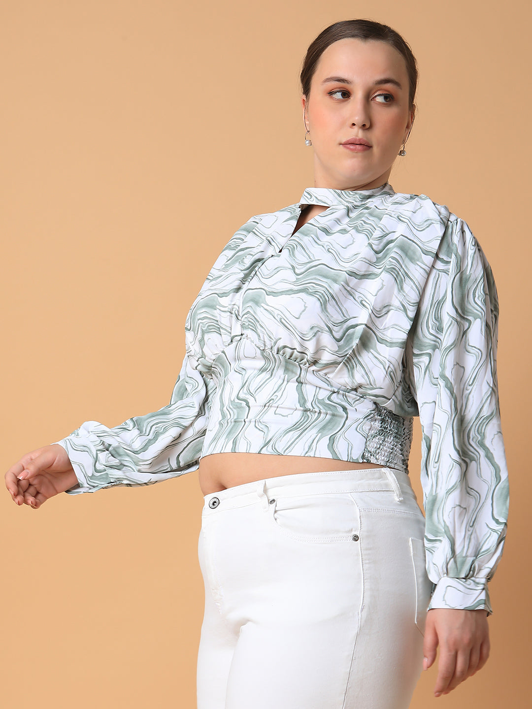 Women Abstract Sea Green Smocking Top