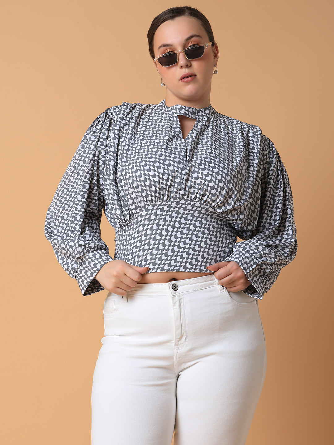 Women Geometric Grey Smocking Top