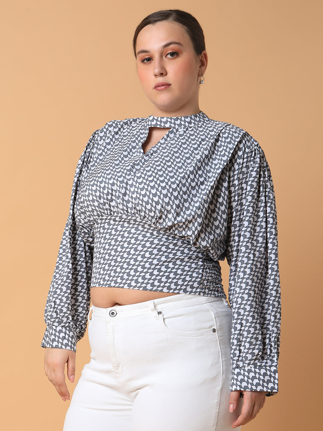 Women Geometric Grey Smocking Top