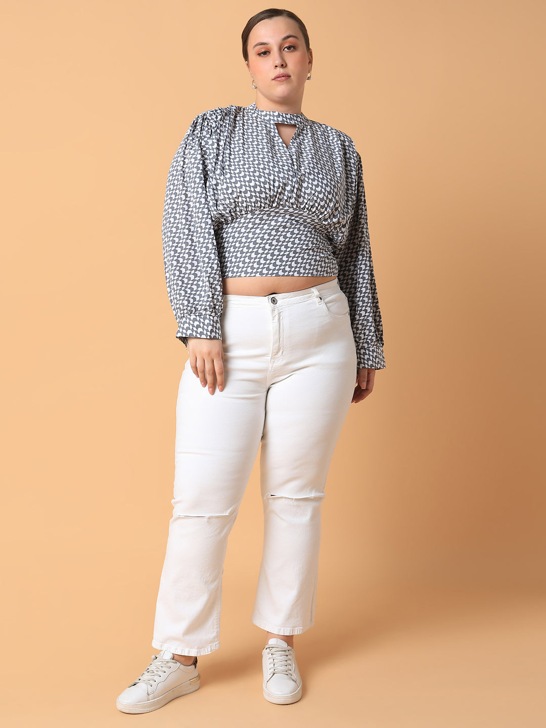 Women Geometric Grey Smocking Top