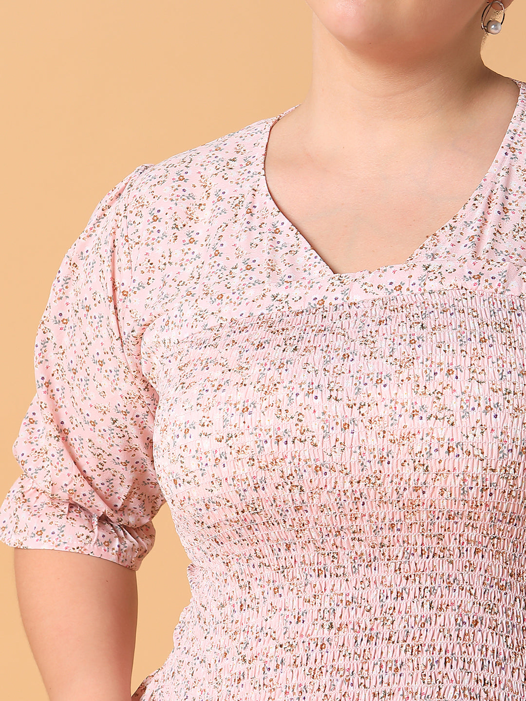 Women Floral Peach Smocking Top