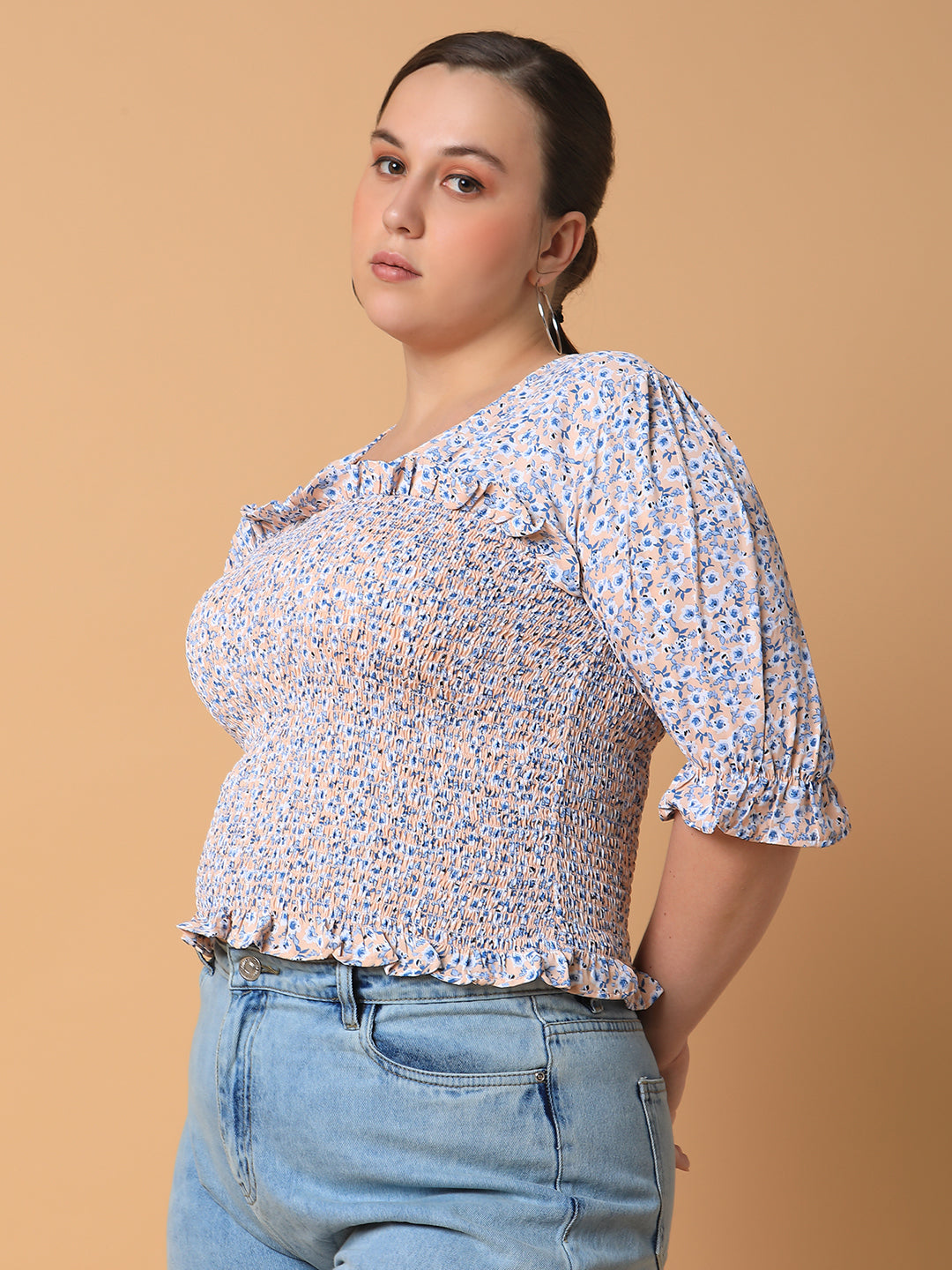 Women Floral Blue Smocking Top